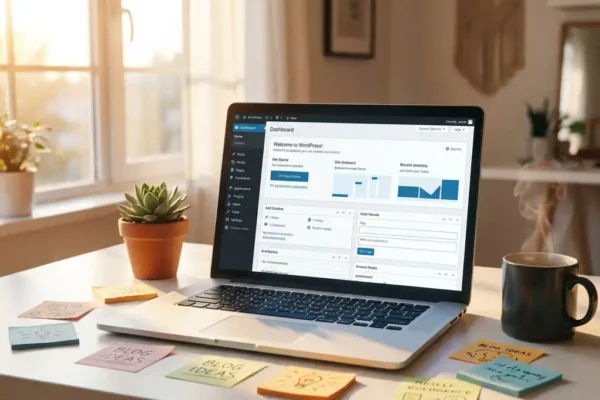 Laptop met WordPress-dashboard op creatief bureau met kleurrijke sticky notes, succulent en dampende koffie in warm ochtendlicht.