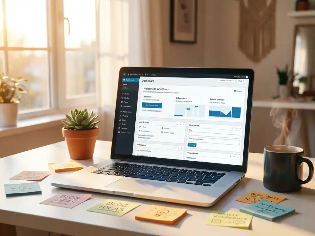 Laptop met WordPress-dashboard op creatief bureau met kleurrijke sticky notes, succulent en dampende koffie in warm ochtendlicht.