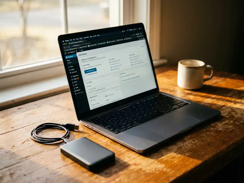 Laptop met WordPress-dashboard op houten bureau naast externe harde schijf en USB-kabel, warm ochtendlicht.