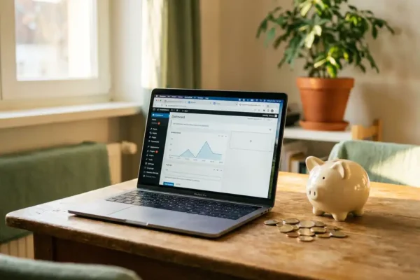 Open laptop met WordPress-dashboard op houten bureau, naast spaarpot en euromunten, in sfeervol klein kantoor met natuurlijk licht.