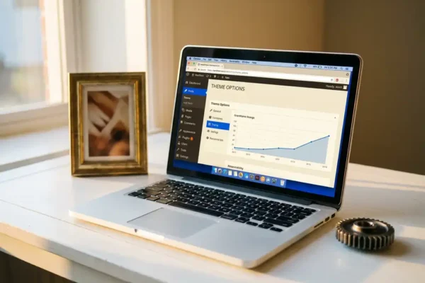 WordPress-dashboard op laptopscherm met fotolijst en tandwiel op wit bureau, symboliserend thema's en plugins.