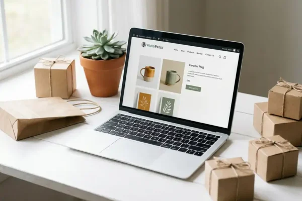 Laptop met WordPress webshop productpagina op wit bureau, omringd door verpakte producten, kraft papieren tas en een vetplant.