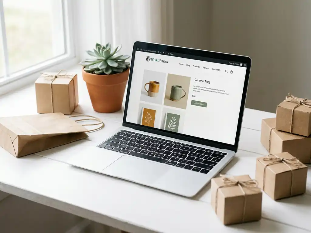 Laptop met WordPress webshop productpagina op wit bureau, omringd door verpakte producten, kraft papieren tas en een vetplant.
