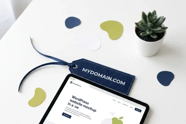 Aangepaste domeinnaam gekoppeld aan een minimalistische WordPress-website mockup op een wit bureau met vetplant.