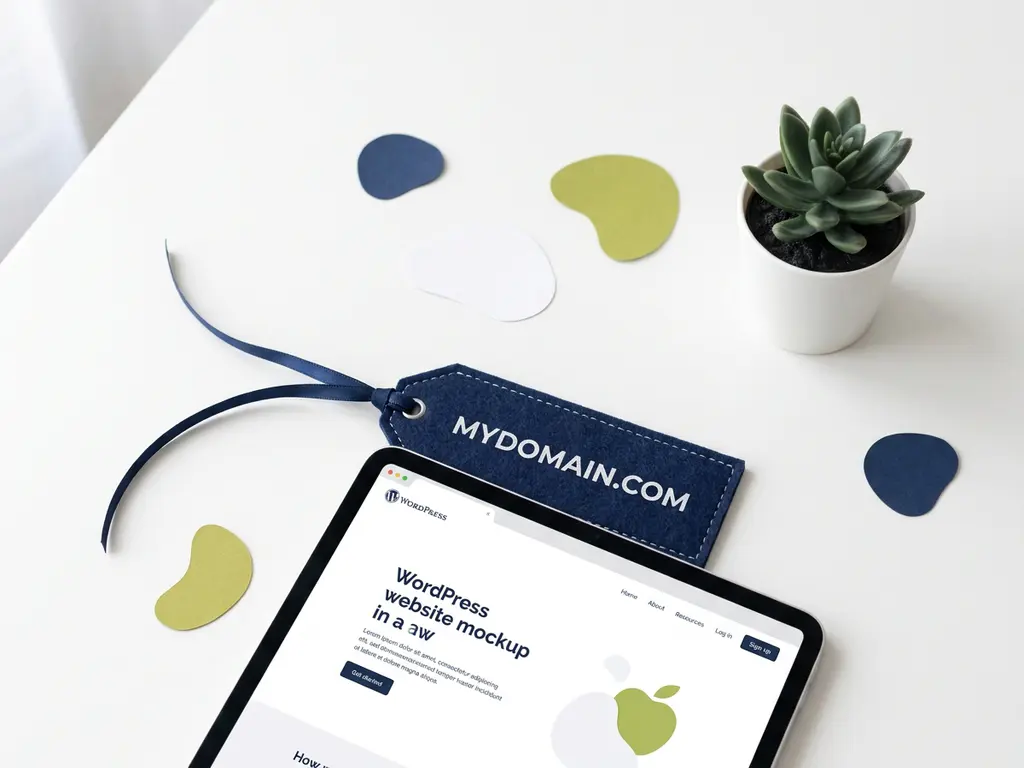 Aangepaste domeinnaam gekoppeld aan een minimalistische WordPress-website mockup op een wit bureau met vetplant.