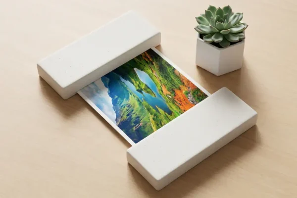 Groen afbeeldingsbestand gecomprimeerd tussen witte vlakken op minimalistisch bureau met succulent, fotografisch bovenaanzicht.