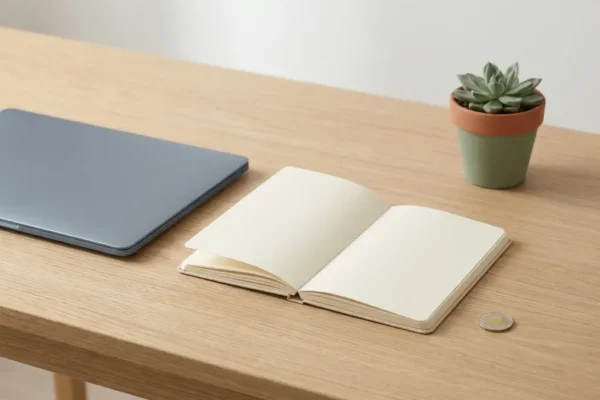 Houten bureau met open notitieboek, vetplant, euro munt en laptop in minimalistische opstelling.