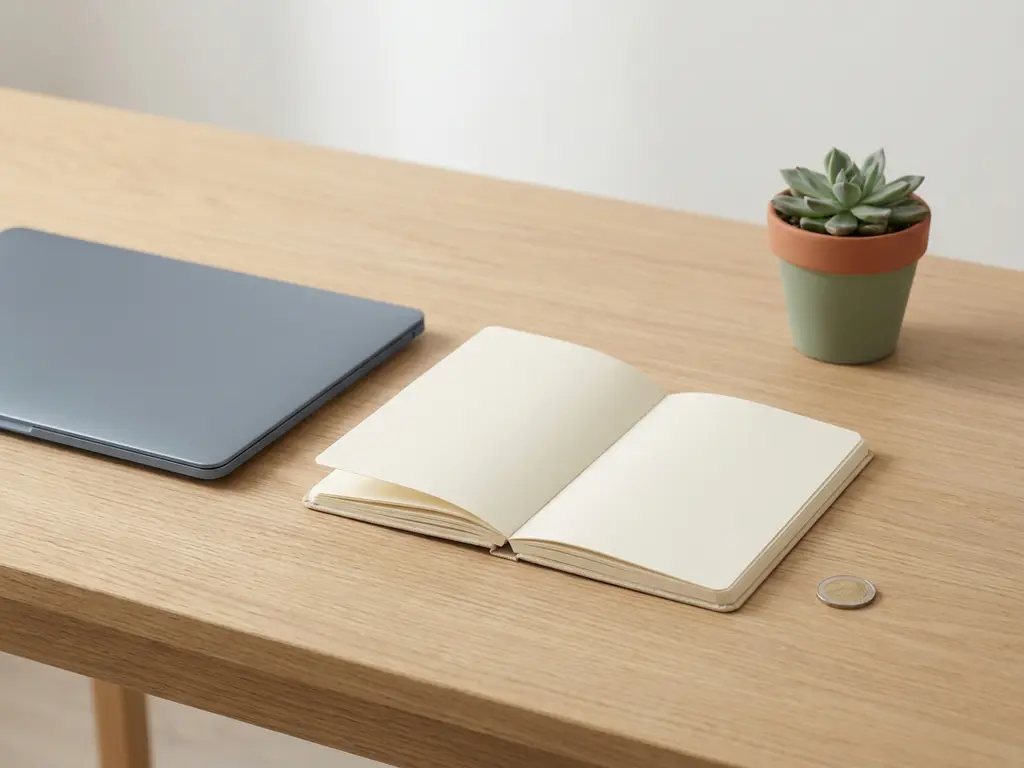 Houten bureau met open notitieboek, vetplant, euro munt en laptop in minimalistische opstelling.