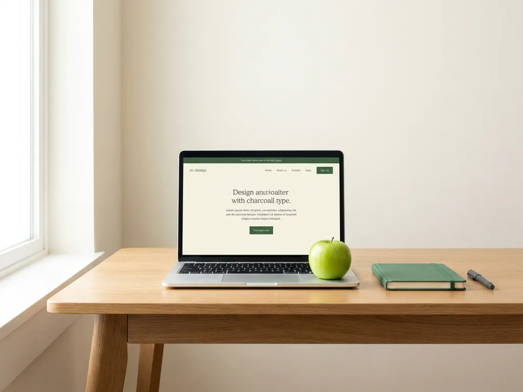 Houten bureau met open laptop waarop een minimalistische webpagina zichtbaar is, naast een groene appel in warm natuurlijk licht.