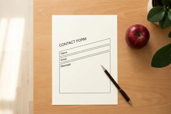 Ingevuld contactformulier op houten bureau met rode appel en diagonaal geplaatste pen in zacht daglicht.