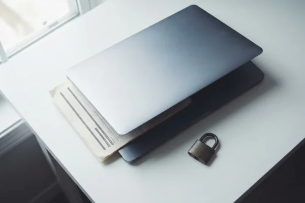 Privacywetdocument onder laptop op wit bureau met hangslot, gefotografeerd van bovenaf in natuurlijk licht.