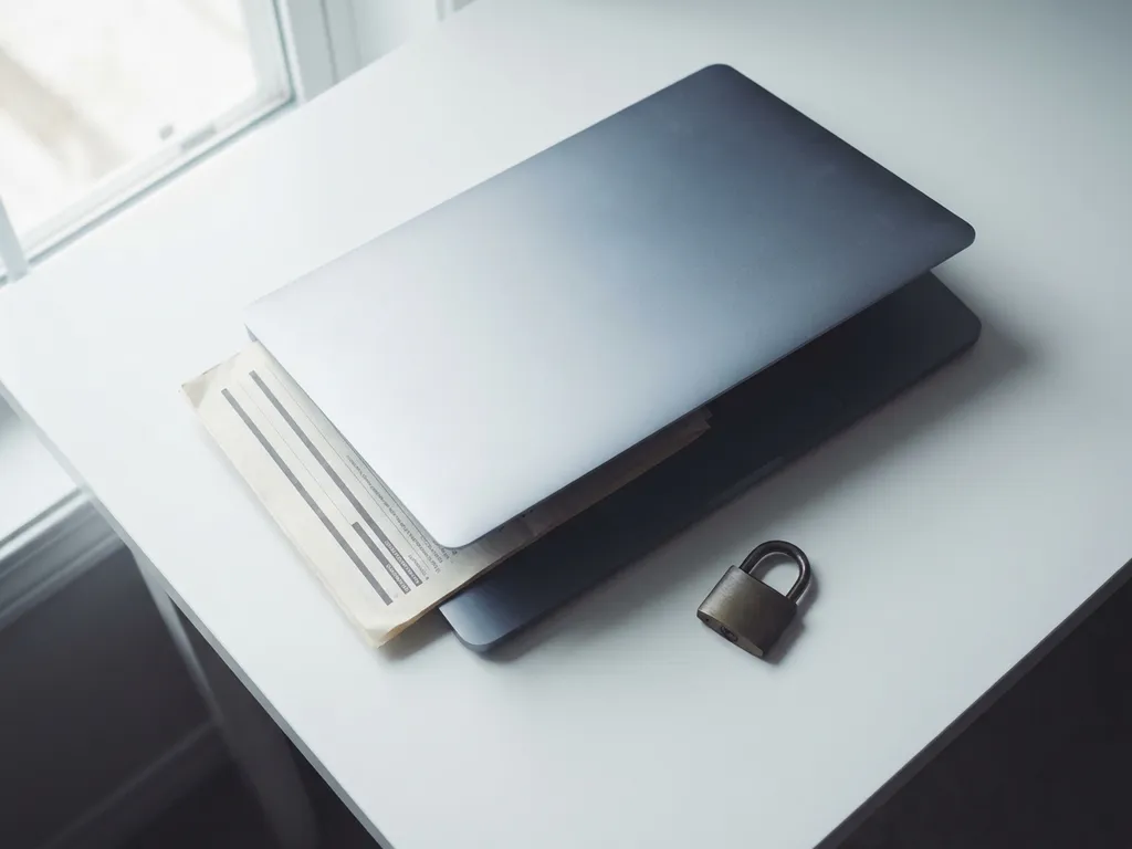 Privacywetdocument onder laptop op wit bureau met hangslot, gefotografeerd van bovenaf in natuurlijk licht.