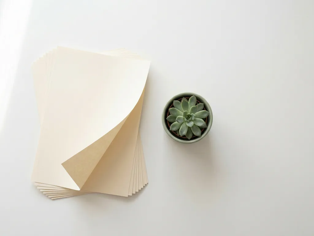 Gestapelde documenten uitgewaaierd op wit bureau naast klein groen plantje, minimale flatlay compositie in daglicht.