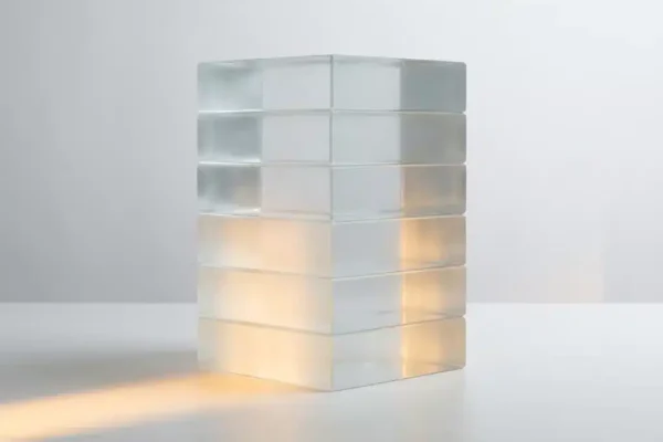 Gestapelde doorschijnende glazen blokken in geometrische toren, verlicht door warm goudkleurig licht op wit oppervlak.