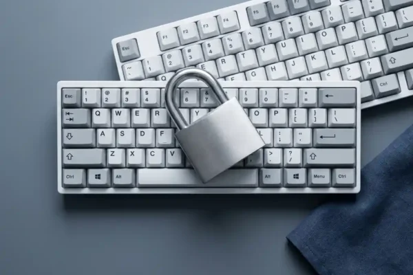 Stalen hangslot op wit toetsenbord, symbool voor digitale beveiliging en cybersecurity.