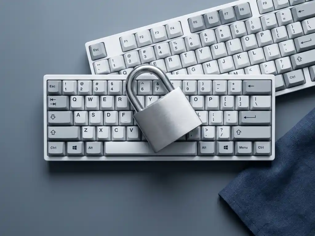 Stalen hangslot op wit toetsenbord, symbool voor digitale beveiliging en cybersecurity.