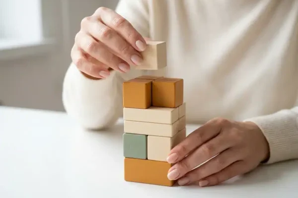 Handen die een houten blok op een gebalanceerde toren plaatsen op een wit bureau, warme amber tinten, minimalistische compositie.