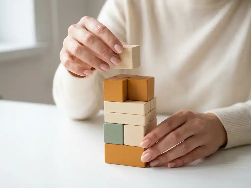 Handen die een houten blok op een gebalanceerde toren plaatsen op een wit bureau, warme amber tinten, minimalistische compositie.