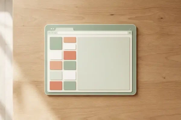 Minimalistische houten bureauondergrond met browservenster met modulaire blokken in sidebarindeling, saliegroen en gebroken wit met koraalaccent.