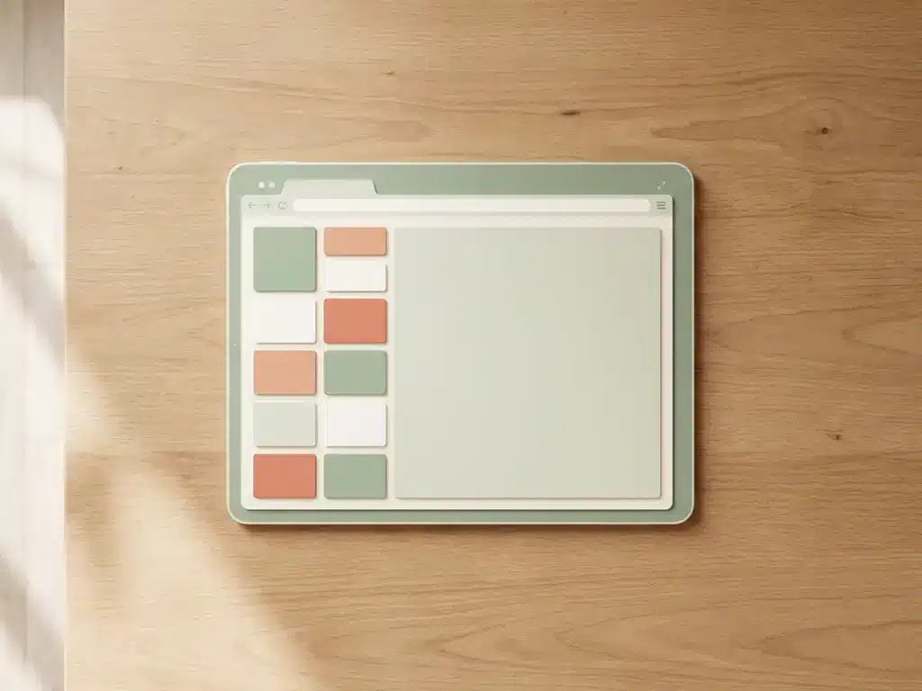Minimalistische houten bureauondergrond met browservenster met modulaire blokken in sidebarindeling, saliegroen en gebroken wit met koraalaccent.