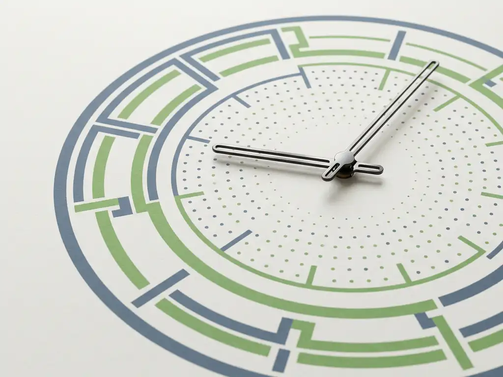 Minimalistische klok met geometrische uurmarkeringen die overvloeien in een raster van stippen, in leisteenblauw en appelgroen.