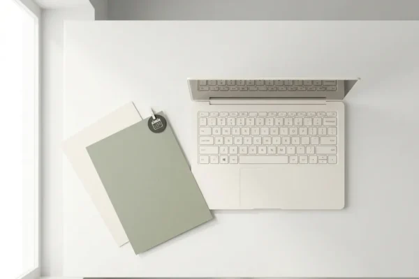 Open laptop op wit bureau met twee documenten: één met kalendermarkering voor terugkerende posts, één statische pagina, minimalistische flatlay.