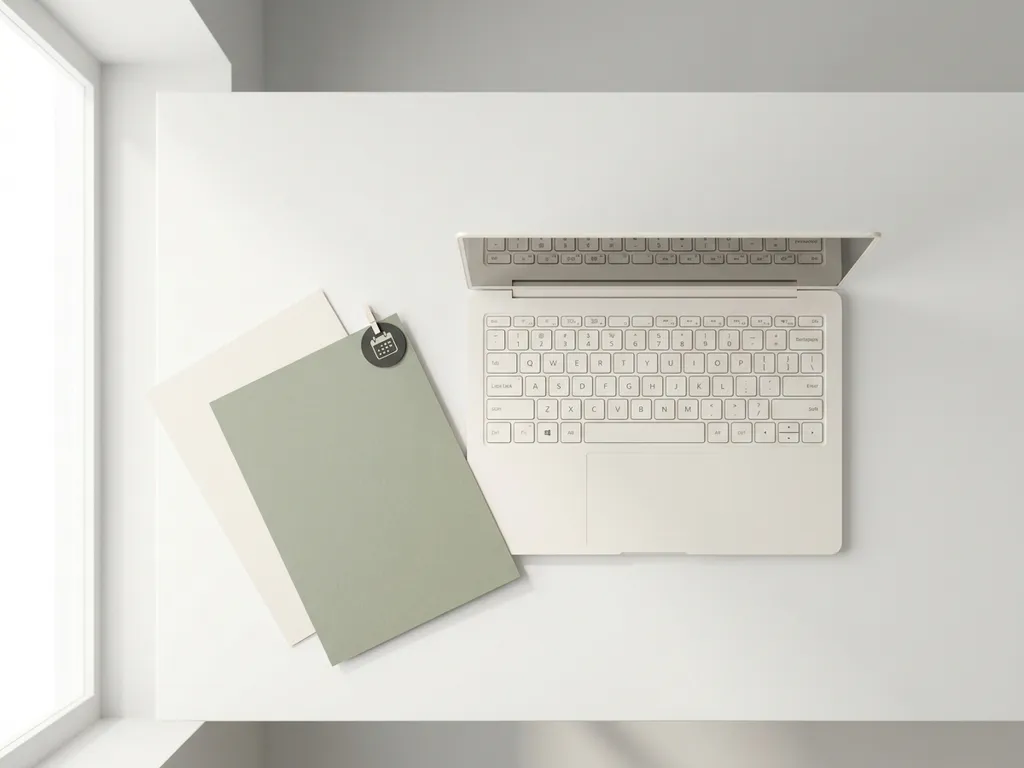 Open laptop op wit bureau met twee documenten: één met kalendermarkering voor terugkerende posts, één statische pagina, minimalistische flatlay.