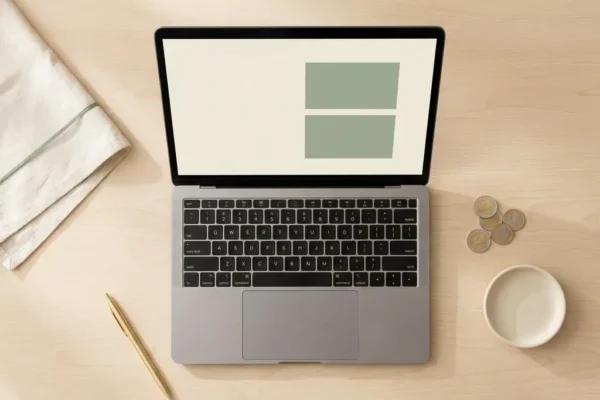 Houten bureau met open laptop en stapel euromunten in zacht natuurlijk licht, minimalistisch bovenaanzicht.