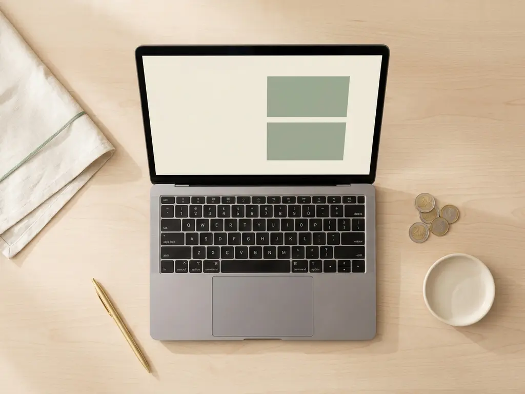 Houten bureau met open laptop en stapel euromunten in zacht natuurlijk licht, minimalistisch bovenaanzicht.