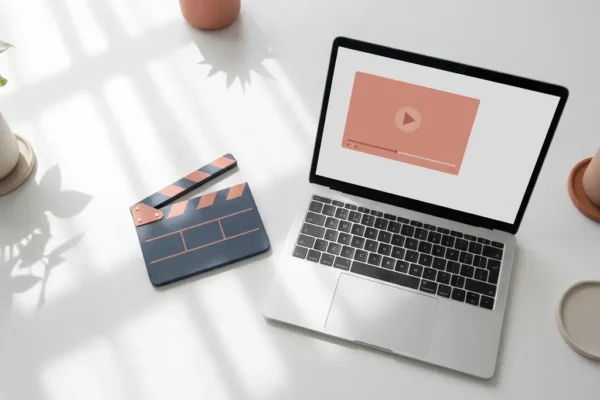 Laptop met minimalistisch videospeler-interface op wit bureau, naast een kleine clapperboard, in zacht natuurlijk licht.
