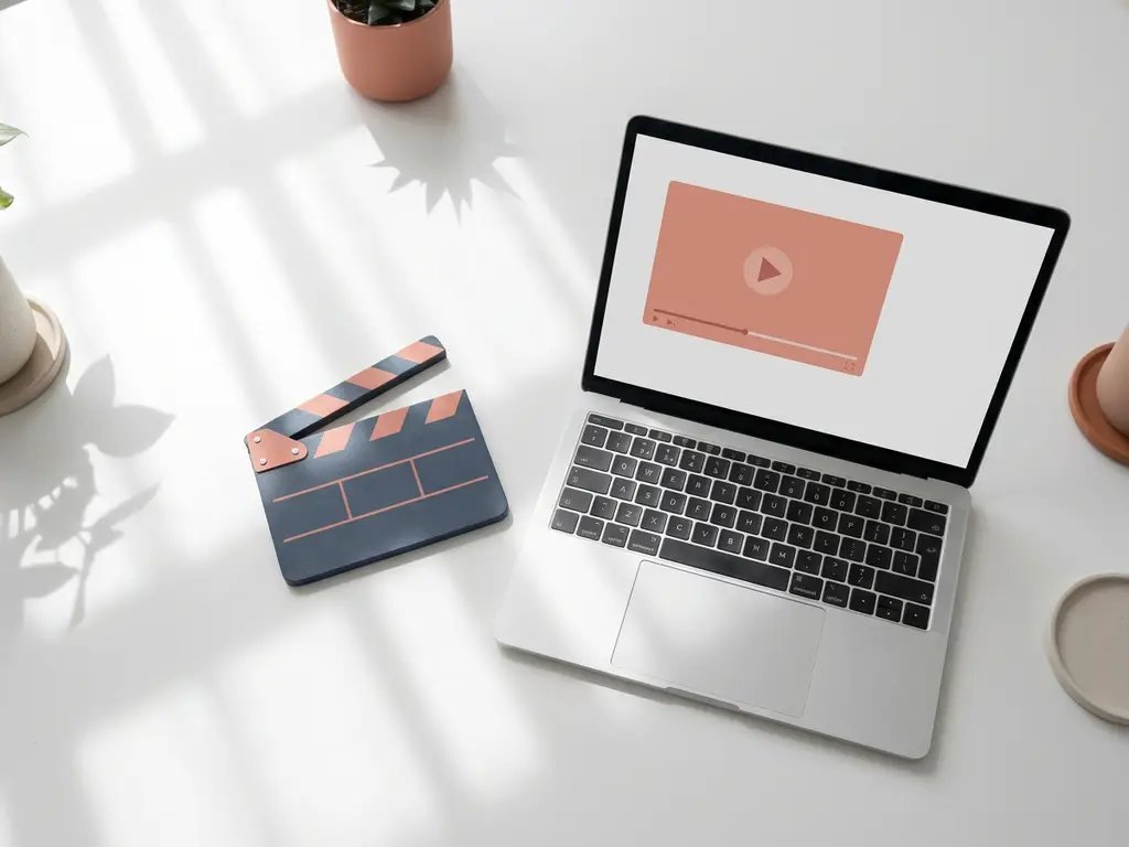 Laptop met minimalistisch videospeler-interface op wit bureau, naast een kleine clapperboard, in zacht natuurlijk licht.