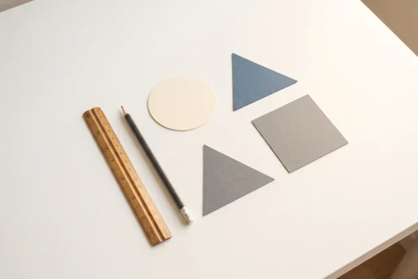 Architectliniaal, potlood en geometrische papiervormen op wit bureau in strak bovenaanzicht met zachte schaduwen.