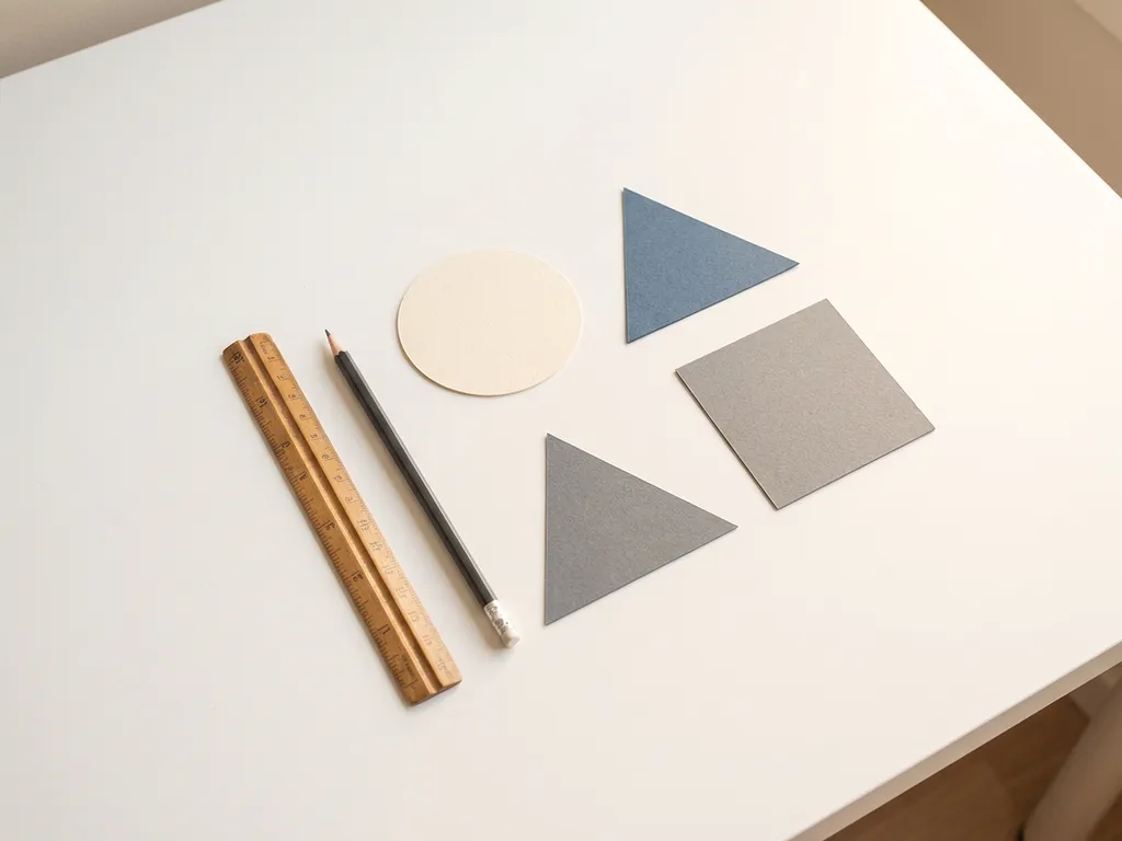 Architectliniaal, potlood en geometrische papiervormen op wit bureau in strak bovenaanzicht met zachte schaduwen.