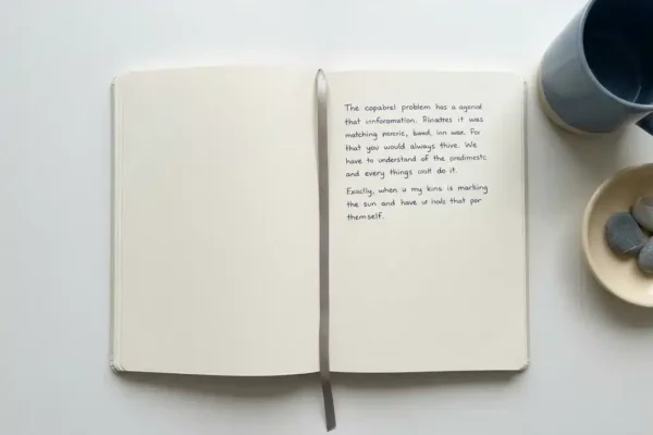 Open notitieboek op wit bureau met één kort alinea en opzettelijk lege pagina's, gemarkeerd met een leeslint, in zacht natuurlijk daglicht.