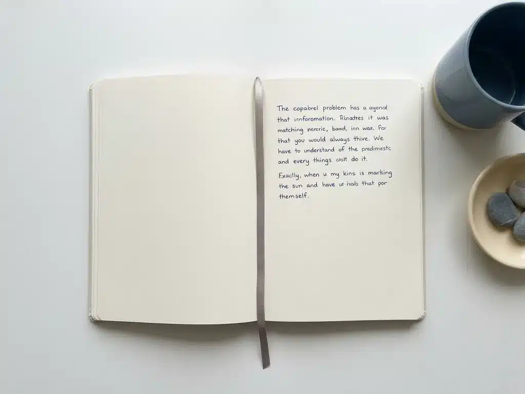 Open notitieboek op wit bureau met één kort alinea en opzettelijk lege pagina's, gemarkeerd met een leeslint, in zacht natuurlijk daglicht.