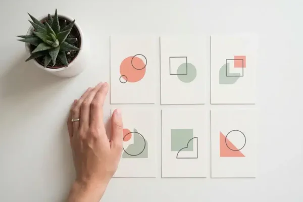 Hand van een ontwerper boven minimale lay-outkaarten op wit bureau, met succulent, koraal- en saliegroen accenten in zacht daglicht.