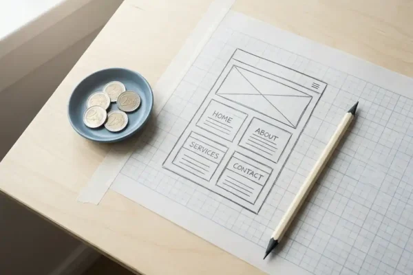Architectentekentafel met blauwdrukraster, euromuntjes en een wireframe schets van een websitelayout, potlood diagonaal geplaatst.