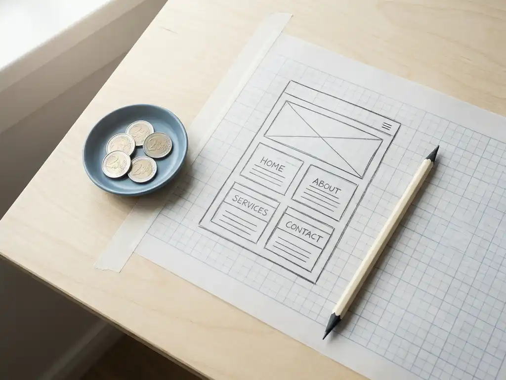 Architectentekentafel met blauwdrukraster, euromuntjes en een wireframe schets van een websitelayout, potlood diagonaal geplaatst.