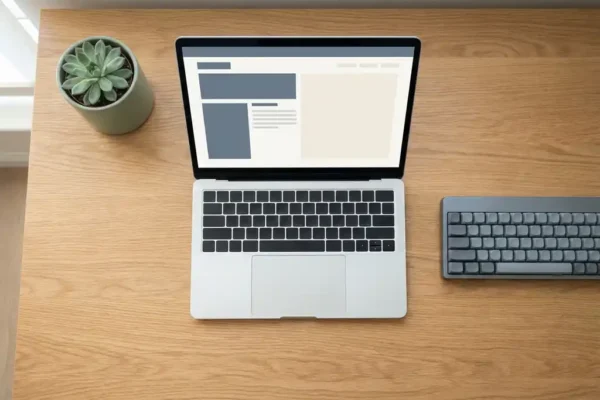 Houten bureau met laptop waarop een minimalistisch websiteontwerp te zien is, mechanisch toetsenbord en kleine vetplant in zacht daglicht.