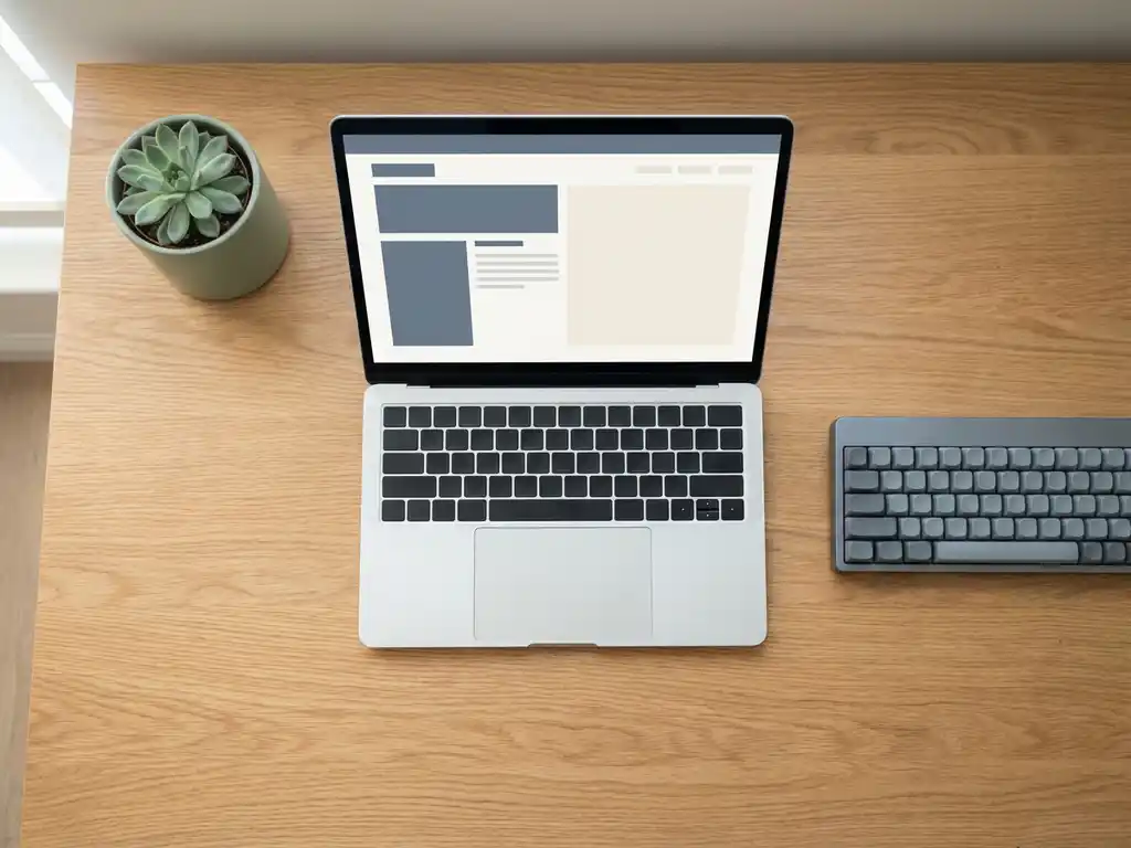 Houten bureau met laptop waarop een minimalistisch websiteontwerp te zien is, mechanisch toetsenbord en kleine vetplant in zacht daglicht.