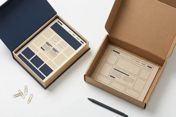Premium geschenkdoos naast eenvoudige kartonnen doos op wit bureau, beide gevuld met websitelay-outrasters in crème, marineblauw en goud.