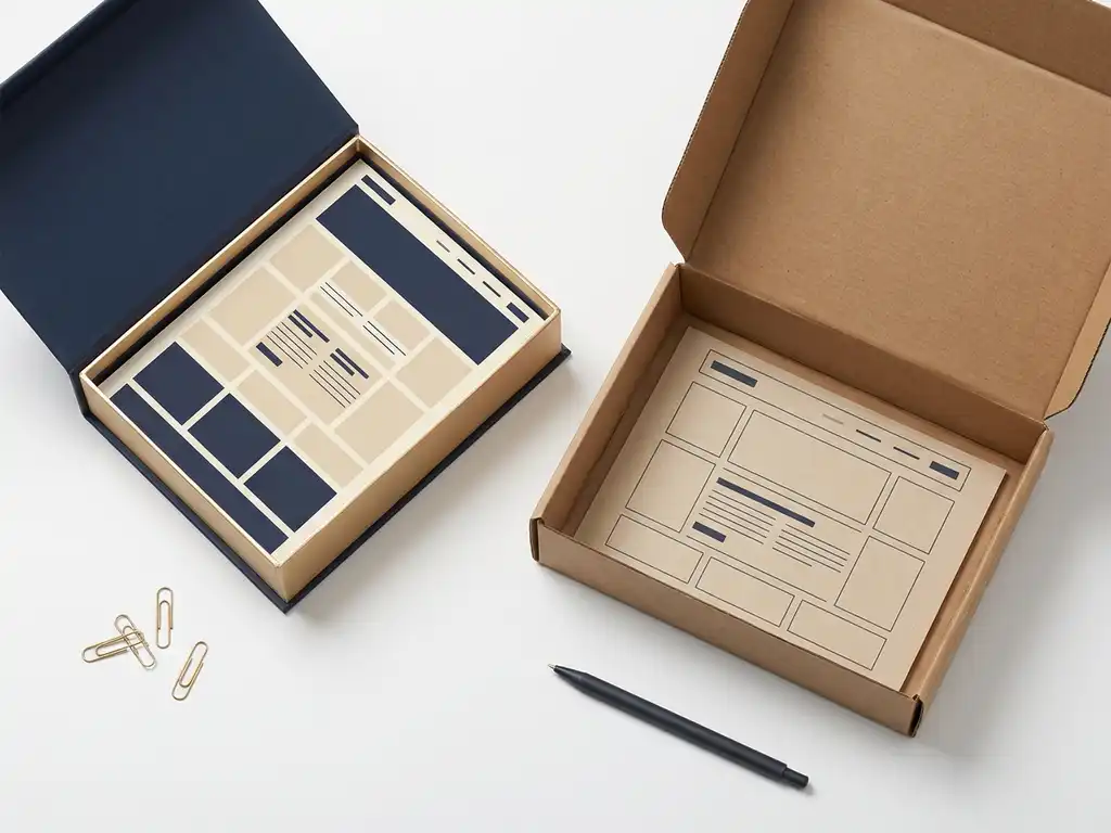 Premium geschenkdoos naast eenvoudige kartonnen doos op wit bureau, beide gevuld met websitelay-outrasters in crème, marineblauw en goud.
