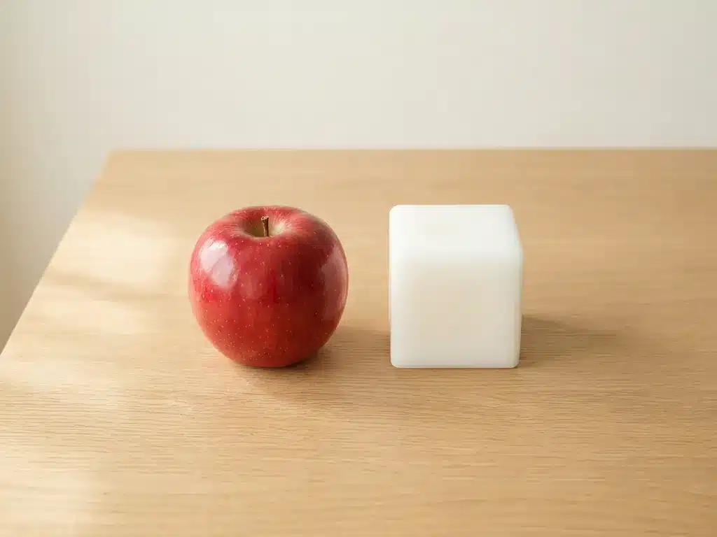 Rode appel en witte wasblok naast elkaar op een licht eiken bureau, gefotografeerd van bovenaf in zacht natuurlijk licht.