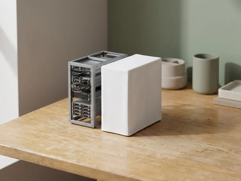 Twee serverrack-miniaturen op houten bureau, één kaal en één in witte beschermhoes, minimalistisch bovenaanzicht.