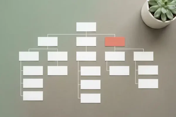Minimalistische sitemap-diagram met witte rechthoekige knooppunten in hiërarchische structuur, saliegroen en koraalaccent, bovenaanzicht.