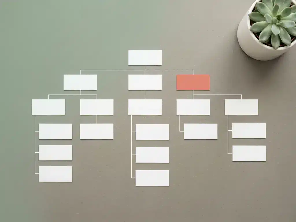 Minimalistische sitemap-diagram met witte rechthoekige knooppunten in hiërarchische structuur, saliegroen en koraalaccent, bovenaanzicht.
