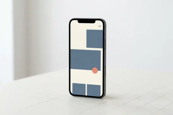 Smartphone staand op wit bureau met responsieve websitelay-out op scherm, zachte geometrische lijnen, warm daglicht.