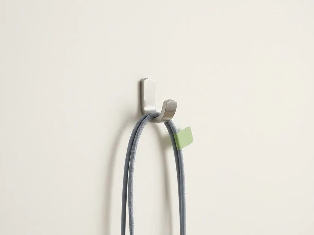 Gepolijste stalen haak aan witte muur met een elektrische kabel, minimalistische compositie in warm wit en leisteengrijs met appelgroene accent.