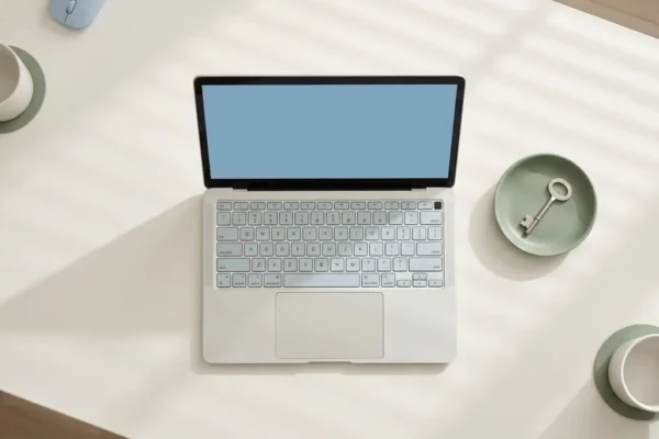 Open laptop op wit bureau met een sleutel ernaast, symboliserend veilige digitale toegang, in minimalistische blauwe en groene tinten.
