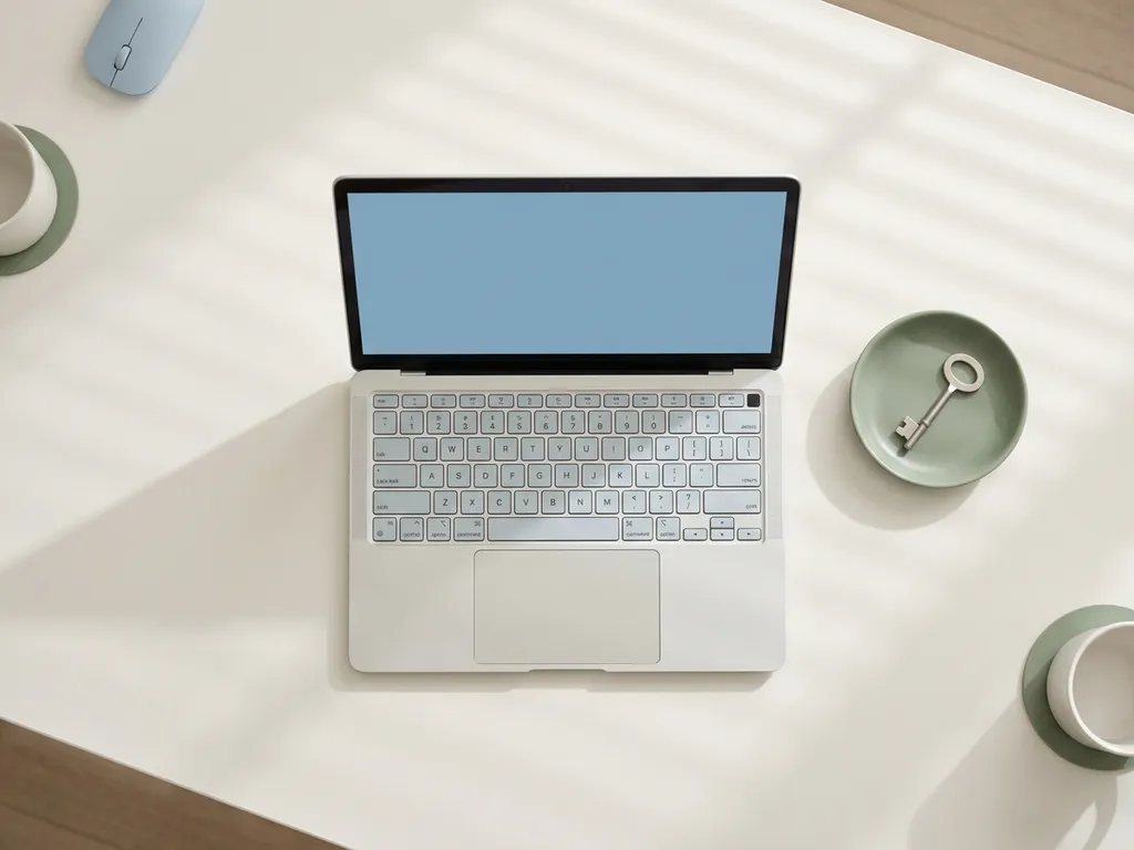 Open laptop op wit bureau met een sleutel ernaast, symboliserend veilige digitale toegang, in minimalistische blauwe en groene tinten.